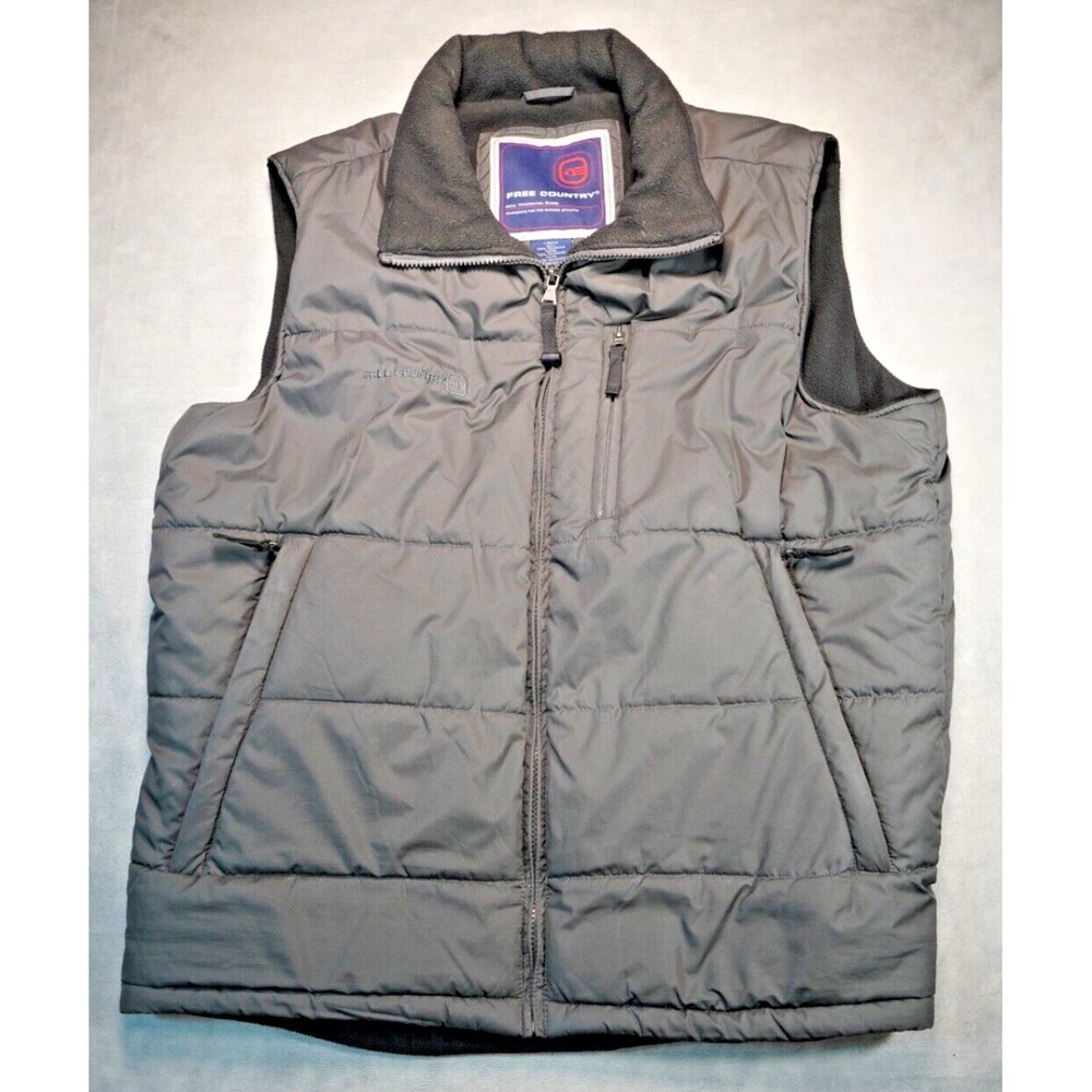 Free Country Mens L Full Zip Puffer Vest Charcoal Gray Draw String Waist Pockets